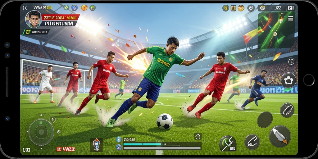 Tangkapan layar utama VV62 menampilkan momen seru saat pertandingan sepak bola.